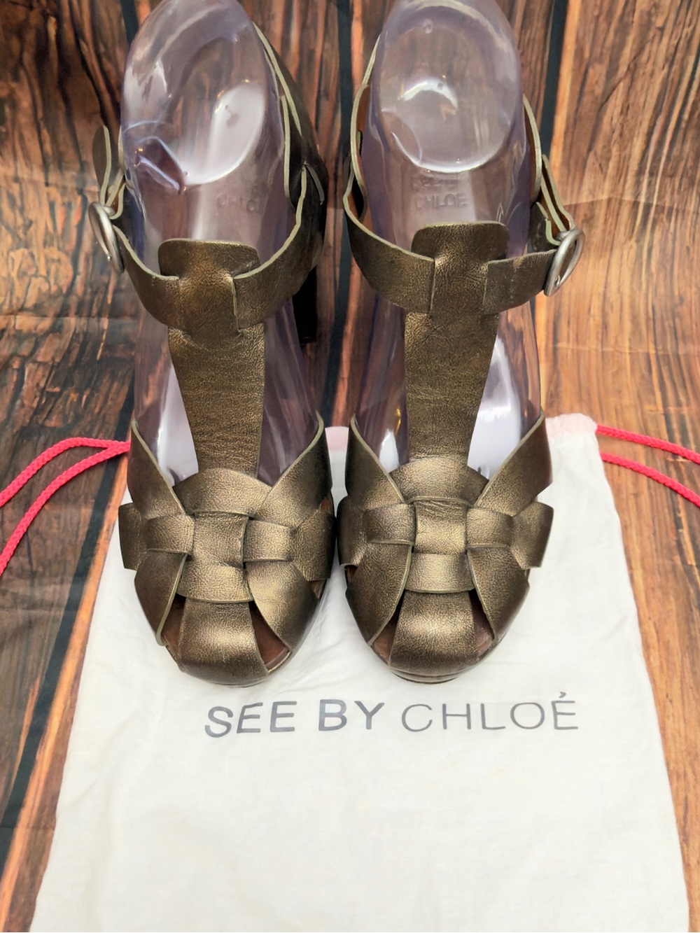 See by Chloé Metallic Bronze Woven Leather Platform Sandals Size 40 T-Strap